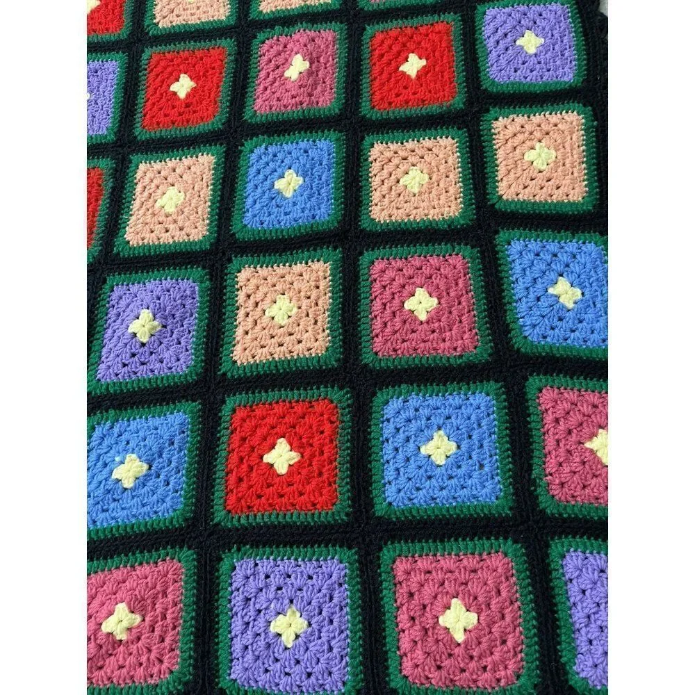 Handmade Crochet Granny Square Afghan Throw Blanket Dark Colors Black Purple Red
